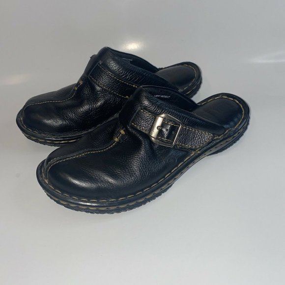 Womens Born Black Leather Slides Clogs Size 6M Contrast Trim Side Buckle W31617 - Picture 3 of 11